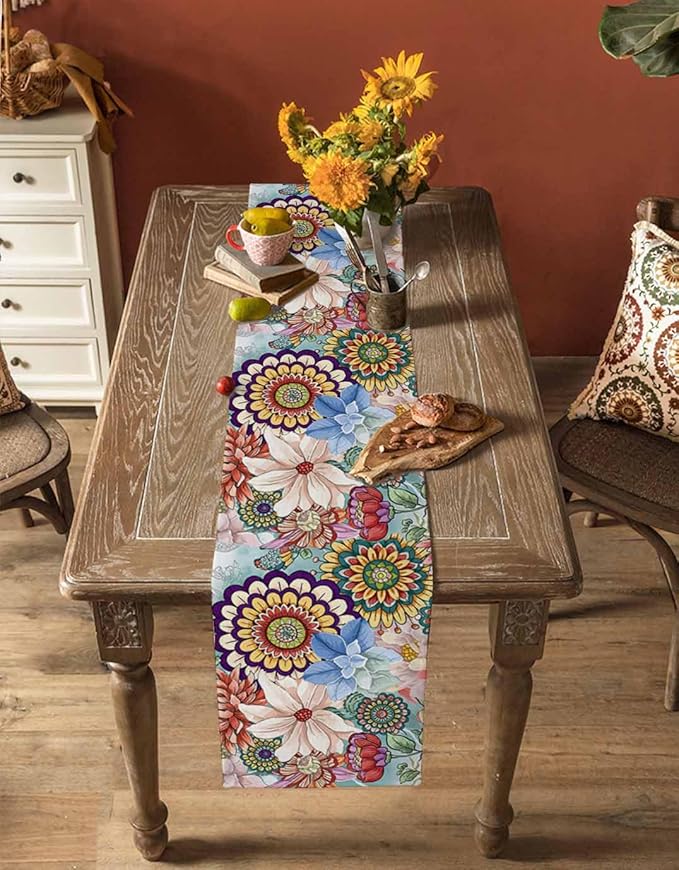 Boho Flowers Cotton Linen Table Runner for Dining Kitchen, Wedding Outdoor Party Tablerunners Decoration, Colorful Floral Farm Vintage Botanical Dresser Scarf Coffee Tablecloth Runners 13x72 Inches