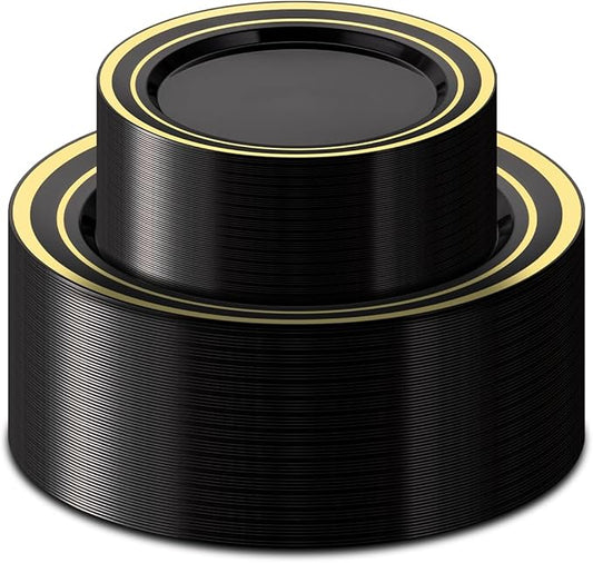 100PCS Black Plastic Plates Set with Gold Rim, 50 10.25 inch Dinner Plates and 50 7.5 inch Dessert Plates, Premium Disposable Plates forfor Party, Wedding, Holiday,And Halloween