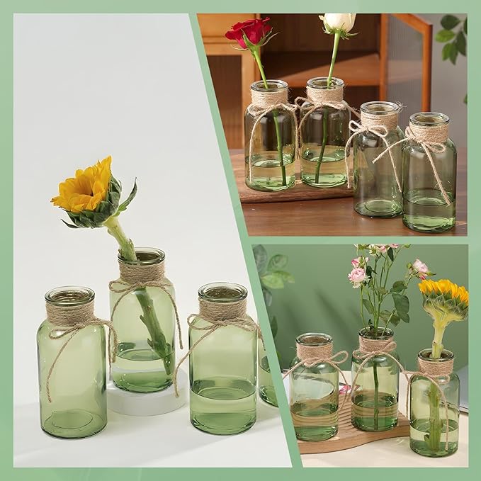 Green Glass Flower Vases for Centerpieces Set of 12, Mason Jars Boho Cylinder Bud Vases in Bulk, for Weddings Parties Vintage Home Decor