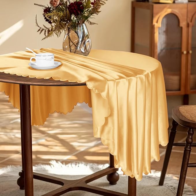 KKJIAF 1 Pack 108 Inch Round Table Cloth, Gold Overlay Round Satin Table Cover, Silky Satin Dining Tablecloths for Wedding Buffet Parties Banquet Decoration