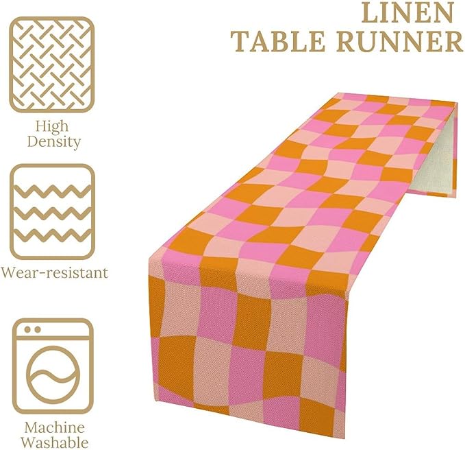 Checkered Table Runner Orange Retro 60s70s Boho Style Kitchen Restaurant Decoration Suitable for Indoor and Outdoor Festival Home Wedding Party Table Runner 13x108 Inch