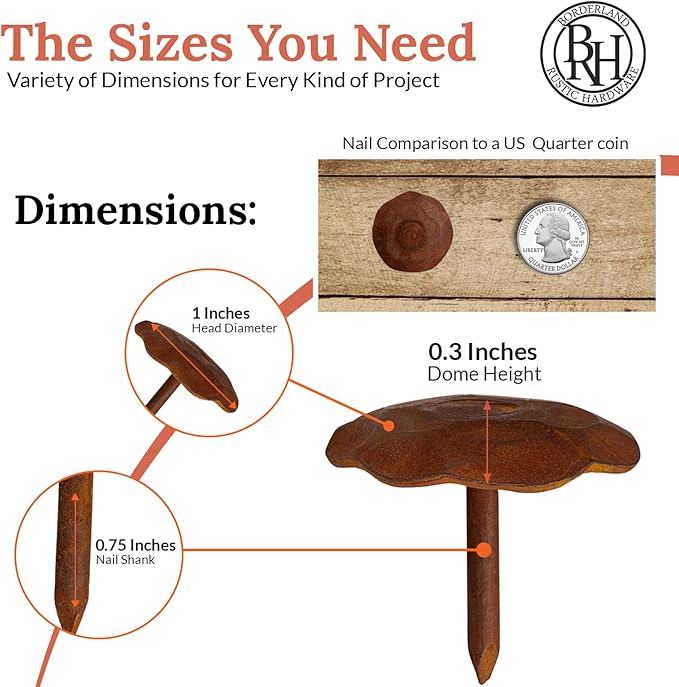 10 Pack 1" Small Round Head Iron Clavos Decorative Nails – Rusted – Handmade Rustic Round Fasteners for Farmhouse Shutter, Faux Wood Beams, Barn Door, Shutters, and Gates – Ornamental Wood Accent