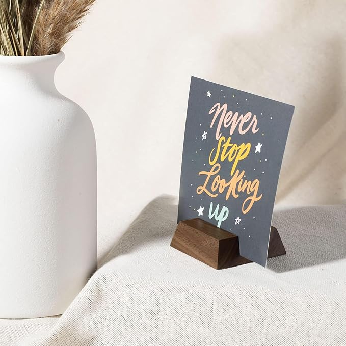 UNIQOOO 12 Pack Trapezoid Walnut Wood Stand |1.2mm Slot for Cardstock, Wedding Table Numbers Holders, Photo Holder, Photo Display Stand for Event Decor, Retail Shop, Cafe Restaurant Menu, Business Card, Name Tag