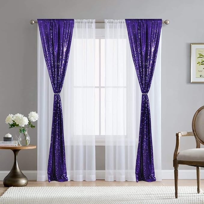 Eternal Beauty Purple Sequin Backdrop Curtains, Halloween Shimmer Back Drop 4Panels-2FTx8FT for Christmas, Party, Birthday, Photography, Wedding, Baby Shower Event Decoration
