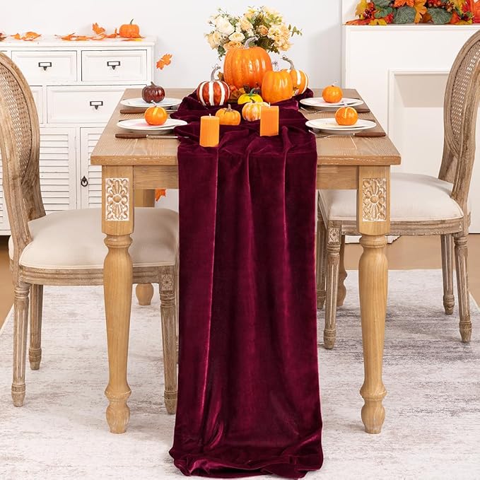 Burgundy Velvet Table Runner Fall Thanksgiving Red Table Runner 20 x 120 Inch Luxurious Elegant Velvet Fabric Friendsgiving Table Decorations for Christmas Dinner Wedding Bridal Baby Shower