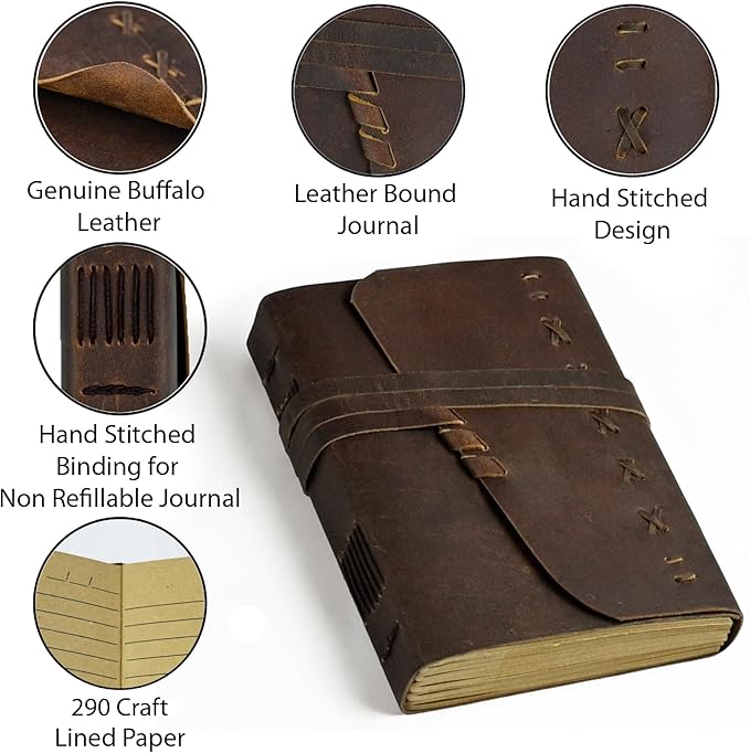 Leather Journal Notebook for Men & Women Daily Vintage Leather Bound Journal Travel Notebook 290 Lined Paper Diary Writing Journal Travelers Scrapbook Poetry Sketchbook Leather Gifts with Pen Holder