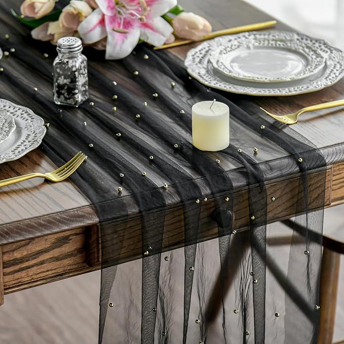 Artoid Mode 6PCS Pearl Black Gauze Table Runner 120 Inch 10FT, Seasonal Sheer Dining Holiday Wedding Birthday Baby Shower Table Decor for Home Party