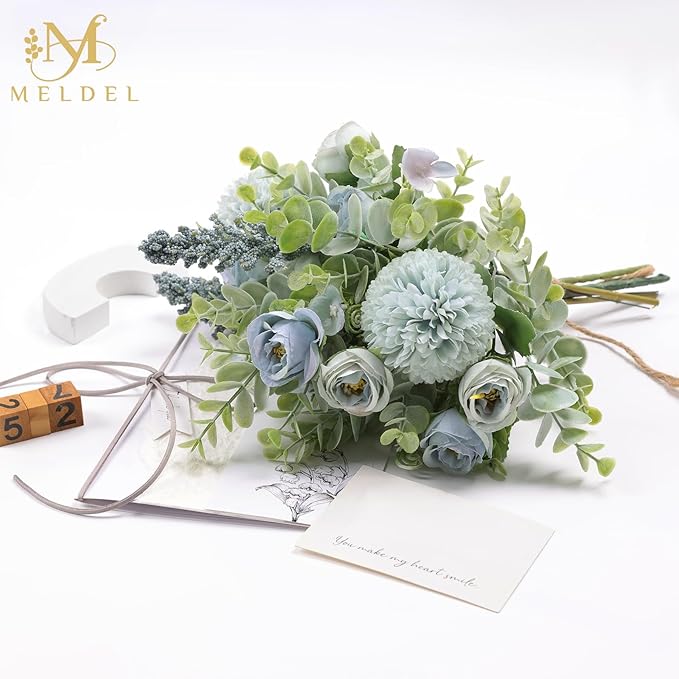 Meldel 3Pcs Rose Bouquet Blue Artificial Flowers Fake Eucalyptus Plants Silk Flower Arrangements Wedding Bouquets Decorations Plastic Floral Table Centerpieces for Home Kitchen Garden Party Decor