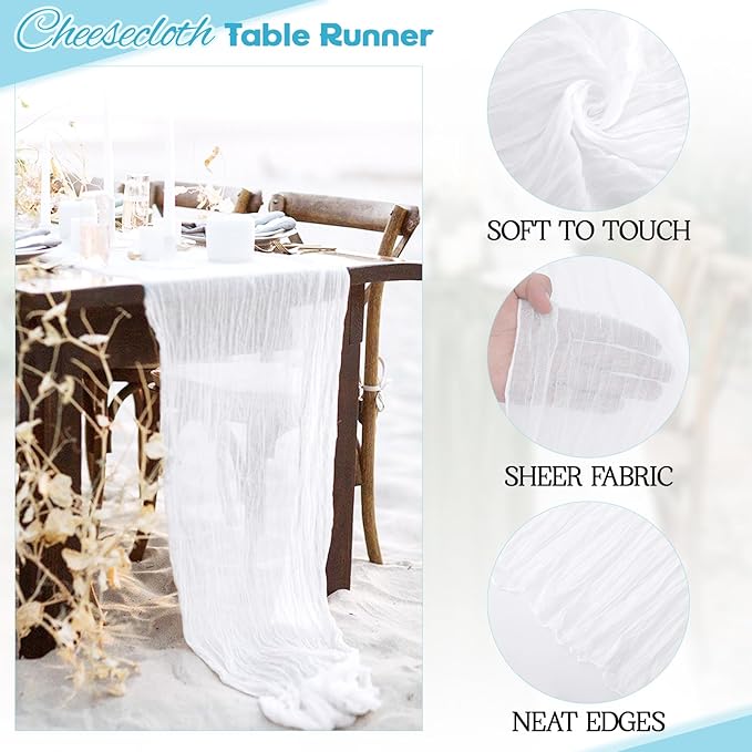 Aktor 12 Pack White Table Runner Boho Cheesecloth Table Runner Semi Sheer Gauze Fabric Runners for Wedding Birthday Baby Shower Party Boho Table Decoration（White）