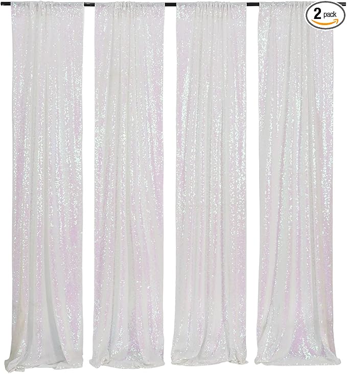 Poise3EHome White Iridescent Sequin Backdrop Curtains,4 Panels 2FTx8FT Glitter Background for Party Birthday Party Baby Shower Wedding Christmas Thanksgiving Halloween Holiday Festival Decor