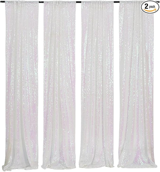 Poise3EHome White Iridescent Sequin Backdrop Curtains,4 Panels 2FTx8FT Glitter Background for Party Birthday Party Baby Shower Wedding Christmas Thanksgiving Halloween Holiday Festival Decor