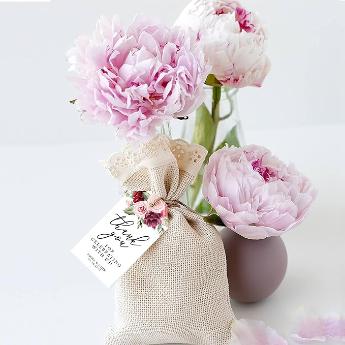 Andaz Press 100-Pack Personalized Thank You for Celebrating with Us Wedding Favor Tags with Bakers Twine Pink Burgundy Florals Custom Cardstock Wedding Gift Tags for Party Favors 2 x 3.75-Inches