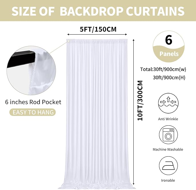 30x10ft Backdrop Curtains for Parties, 6 Panels 5x10ft Photography Backdrop Curtain with Rod Pocket,Backdrop Polyester Background Drapes,Wedding Backdrop Drapes for Birthday Baby Shower Home Decor
