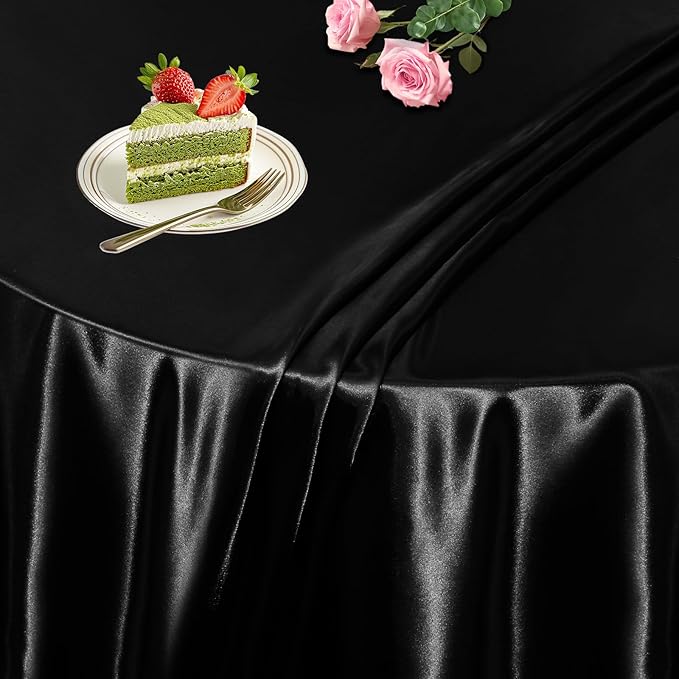 KKJIAF 1 Pack 108 Inch Round Table Cloth, Black Overlay Round Satin Table Cover, Silky Satin Dining Tablecloths for Wedding Buffet Parties Banquet Decoration