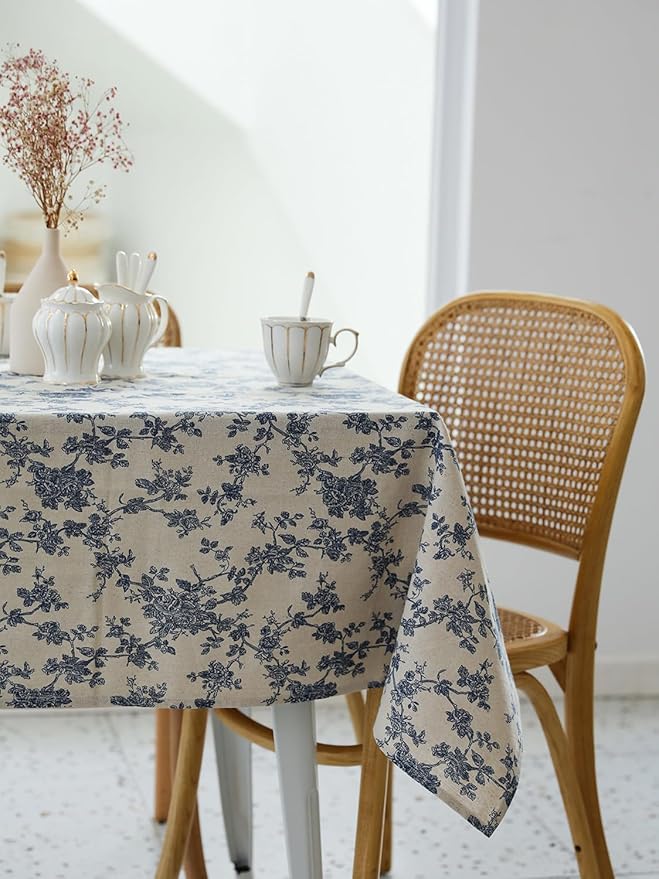 Pastoral Rectangle Tablecloth - 60 x 102 Inch - Beige Linen Table Cloth - Washable Table Cover with Dust-Proof Wrinkle Resistant for Restaurant, Picnic, Indoor and Outdoor Dining, Floral (Dark Blue)