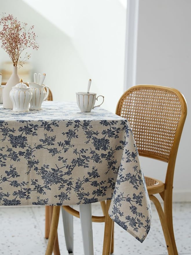 Pastoral Rectangle Tablecloth - 60 x 84 Inch - Beige Linen Table Cloth - Washable Table Cover with Dust-Proof Wrinkle Resistant for Restaurant, Picnic, Indoor and Outdoor Dining, Floral (Dark Blue)