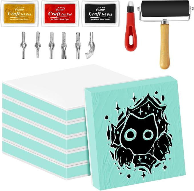 6pcs 2"x2" Rubber Carving Blocks, Linoleum Block Stamp Making Kit for Beginners - DIY Stamp Making, Printmaking Crafts (White & Green)