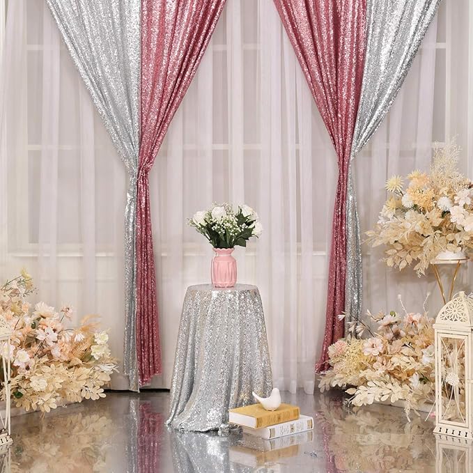 Poise3EHome 2Pcs 3Ft x 8Ft Fuchsia Pink Sequin Backdrop Curtain, Glitter Photography Background, Sequence Xmas Thanksgiving Backdrop for Wedding Party Holiday Festival Decor
