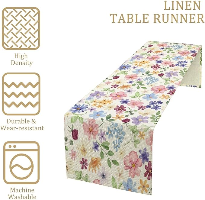 Floral Decorative Table Runner, Watercolor Floral Botanical Rustic Modern Style Pattern Printed Long Table Runner for Restaurant Kitchen Party,13in（33cm） W * 60in（152cm） L