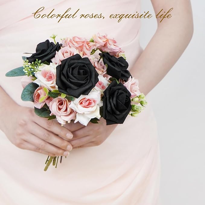 BLEUM CADE 36Pcs Artificial Flowers Fake Roses with Stems, Black Boxed Foam Roses for DIY Bouquets Centerpieces Wedding Party Arrangement Bridal Shower Decor