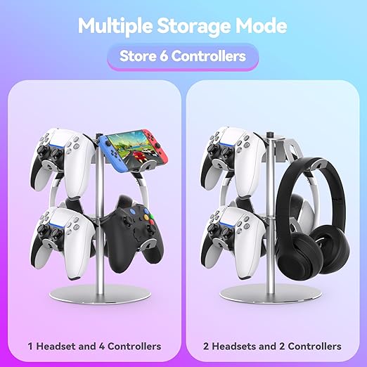 DGPCT Controller Stand Compatible with Xbox PS5 PS4 Nintendo Switch Pro, 2 Tiers Aluminum Headset Holder, Gaming Headphone and Controller Holder Organizer Rack, Universal & Stable (Silver)