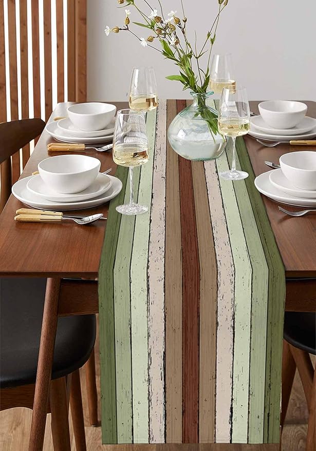 Sage Green Wooden Cotton Linen Table Runner for Dining Kitchen, Wedding Outdoor Party Tablerunners Decoration, Vintage Country Retro Distressed Grain Dresser Scarf Coffee Tablecloth Runners 13''x120''