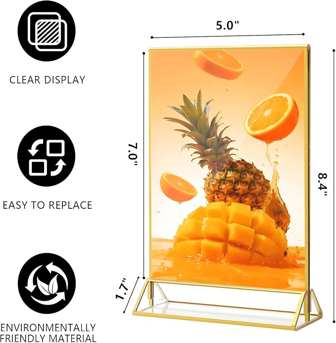 Acrylic Sign Holder, 5 x 7 Inch Gold Frames, Double-Sided Display Stand Picture Frames, Table Signs Holders for Table Menus, Offices, Weddings, Flyers and Photo (Gold, 5 x 7 Inch (6 Pcs))