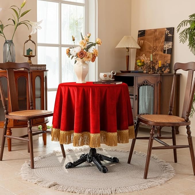 F-CHU Red Tablecloth Thickset Velvet Tablecloth with Beautiful Gold Tassels Vintage Table Cloth for Home Decor Wedding, Party, Banquet and Events 60" Round