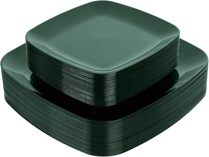 PULOTE 60PCS Green Square Plastic Plates - Green Disposable for 30 Green Guests Include 30 Dinner and 30 Dessert Plates for Party&Christmas