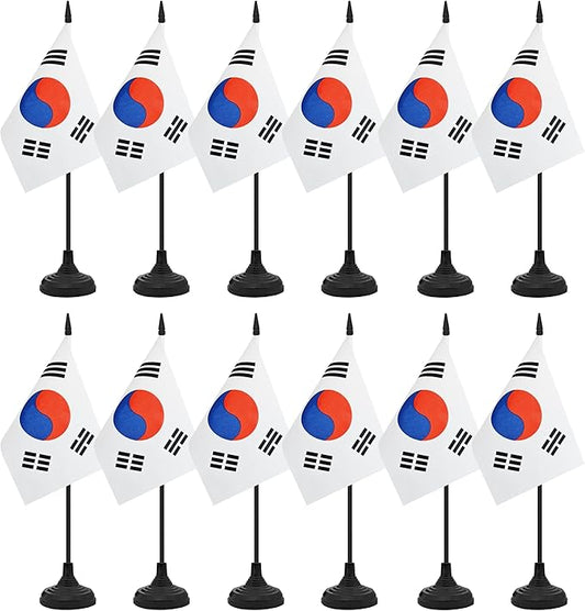 12 Pack Korea Desk Flag Set, Korean Table Office Flag, Small Miniature Desktop Flag With Black Pole and Black Base, Classroom, Offices Meeting Desk Decoration (Korea)