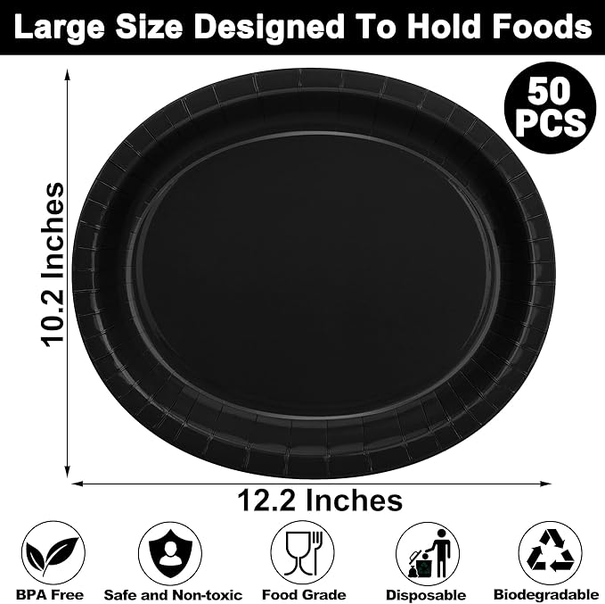 QZYL 50 Count Black Large Paper Plates, 12.2'' X 10.2'' Oval Disposable Plates, Daily Heavy Duty Dinnerware Party Decorations for Birthday Wedding Formal Dinner Holiday