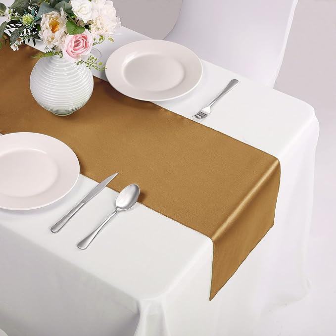 15-Pack Satin Table Runner Old Gold 12 x 108 inches Long, Table Runners for Wedding, Birthday Parties, Banquets Decorations（15 Pack, 12x108 Inch, Old Gold）