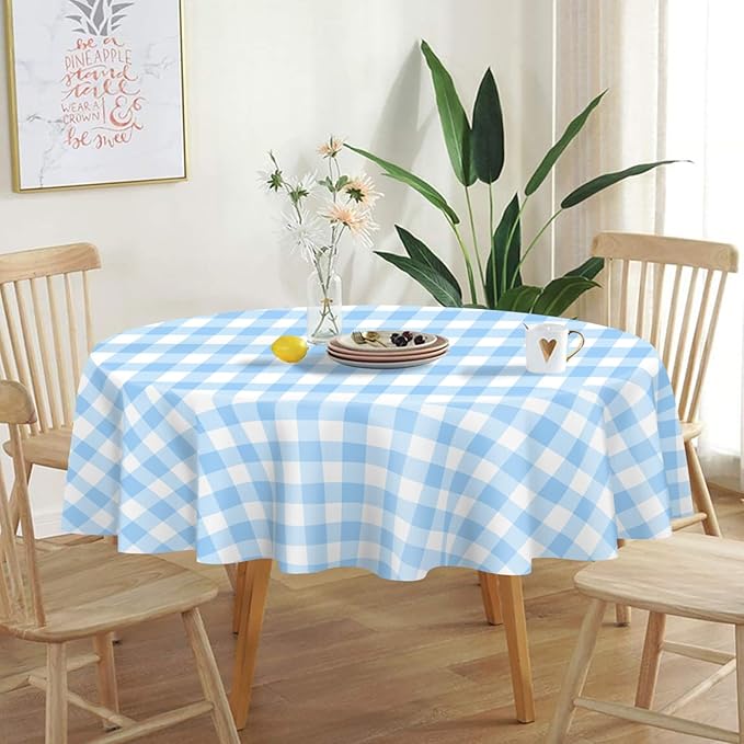 QIKSION Blue Gingham Round Tablecloth 3 Pack, 84 Inch Plastic Checkered Table Cover Disposable for Parties