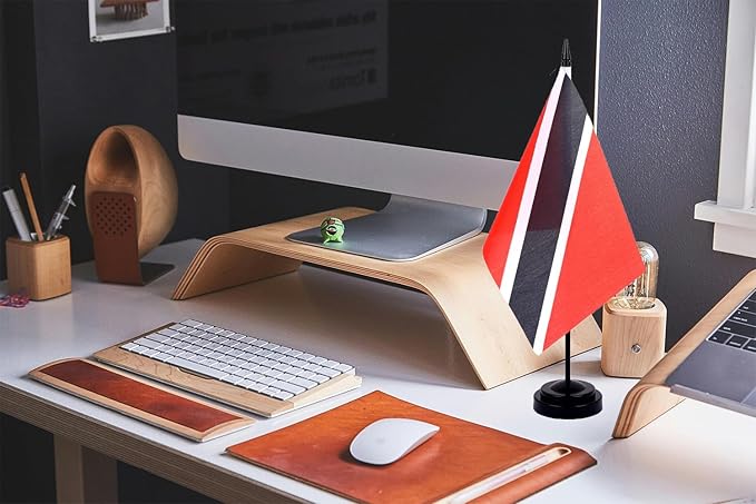 WXTWK 2 Pack Trinidad Flag Trinidad Deluxe Desk Flag Set - Mini Small Trinidad and Tobago Table Office Flags with Black 12" Solid Pole Stand Base Classroom Meeting Desktop Decorations