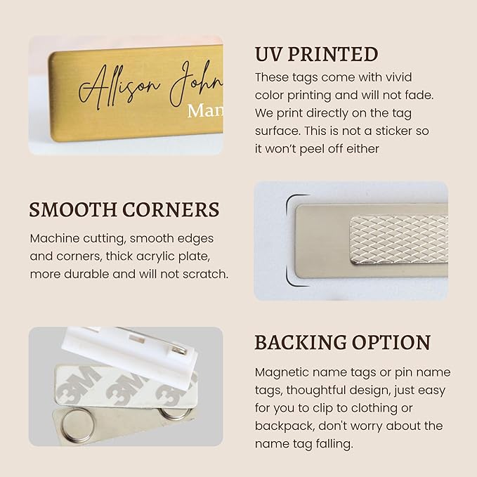 Personalized Name Tag Badges Identification Customized with Text & Logos, Acrylic Name ID for Clothing with Pin or Magnetic Backing, Gold & Silver Plates for Business or Employees (Your own Design)