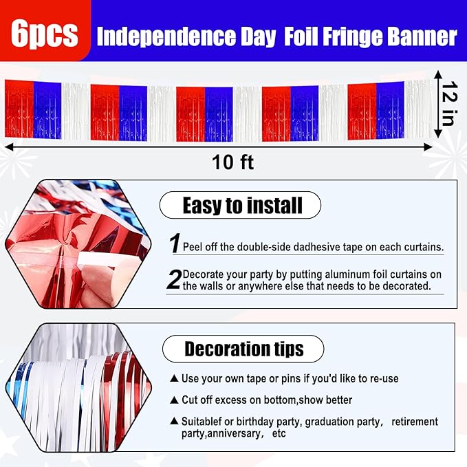 6 Pack 10 Feet White Blue Red Foil Fringe Garland Metallic Tinsel Streamers Banner Wall Hanging Curtain Backdrop for Parade Floats, Birthday, Graduate, Mother's Day, Wedding Party Decoration