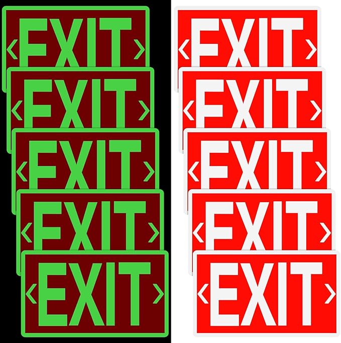 10 Pcs Glow in the Dark Exit Signs for Business 12 x 7 Inch Photoluminescent Signs Stickers for Indoor Outdoor for Business, Office, Warehouse (with Arrows)
