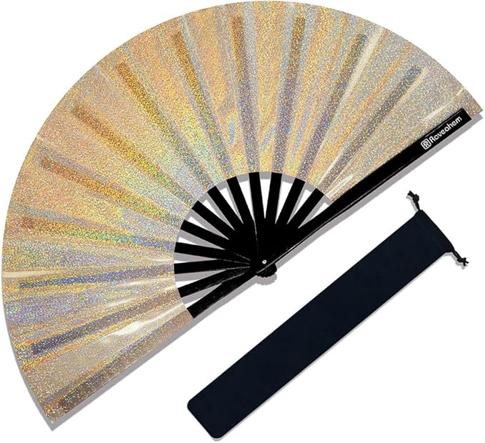 Large Rave Fan, Clack Folding Hand Fan with Premium Fabric, Thick Bamboo Frame for Men Women Gift for EDM, Festival, Club, Party, Dance, Decoration (Lridescent Beige, 13")
