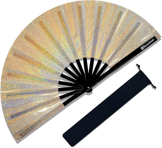 Large Rave Fan, Clack Folding Hand Fan with Premium Fabric, Thick Bamboo Frame for Men Women Gift for EDM, Festival, Club, Party, Dance, Decoration (Lridescent Beige, 13")