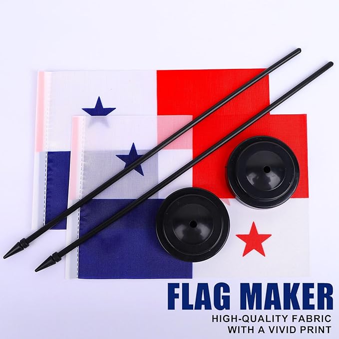 Panama Desk Flag 12" Solid Pole Deluxe Set Panamanian Flags Banner Mini Small Panama Office Table Flags with Black Stand Base Desktop Decorations(2Pack)