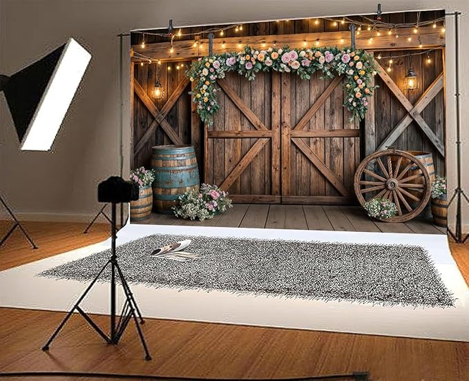 10x8ft Country Wedding Photography Backdrop Rustic Barn Door Photography Backdrop Farmhouse Pink Flower Cabin Wooden Birthday Baby Shower Wedding Bridal Party Banner Photo Booth Props Background
