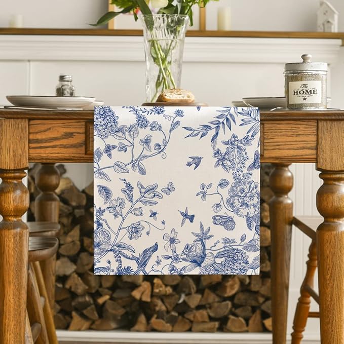 Artoid Mode Monochrome Sketch Birds and Flowers Spring Table Runner, Seasonal Summer Fall Kitchen Dining Table Decoration for Home Party Decor 13x36 Inch