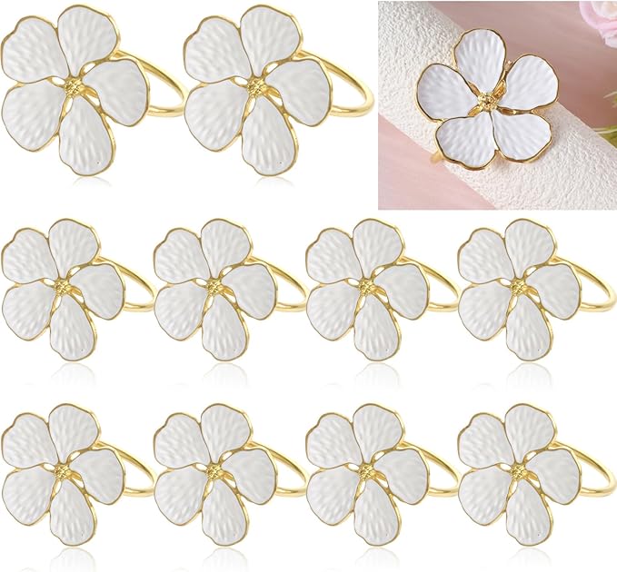 10 Pack White Floral Napkin Rings, 1.6x1.65 inch Elegant Metal Holders Ornament Table Setting Decoration for Wedding, Holiday, Party