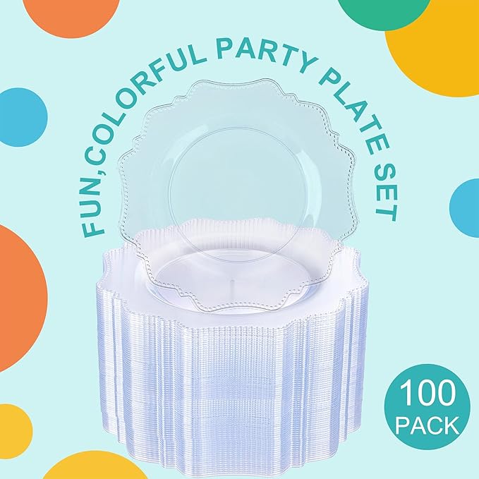 COLOSUS 100pcs 9.5 Inch Clear Plastic Plates,Heavy Duty Disposable Dinner Plates,Fancy clear Plates,Premium Plastic Dinner Plates for Party,Wedding and Everyday Use