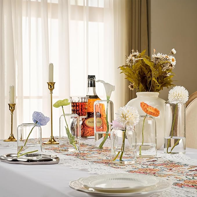 Glass Bud Vases Set of 6 Clear Flower Vase for Centerpieces Shelf, 3.9'' 4.9'' 6.7'' Modern Small Vases for Living Room Bedroom Office Home, Decor for Wedding House Warming Party