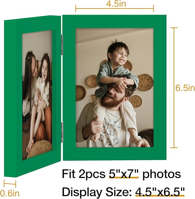 decorUhome Double 5x7 Picture Frame Vertical, Engineered Wood Bifold Photo Frame with Plexiglass for Tabletop Display, 5x7, Green