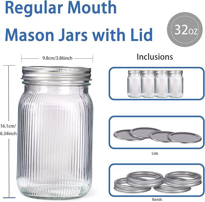 WELLIFE 6 Pcs Wide Mouth Mason Jars 32 OZ,Large Mason Jars for Food Storage, Overnight Oats,Honey,Sauces,Meal Prep,Salad,Yogurt