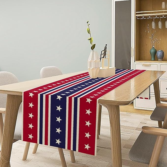 4th of July Table Runner, USA Flag Stars Stripes American Independence Day Red Blue White Stars Lines Print Table Cover for Farmhouse Kitchen Indoor Outdoor Home Party, 13x120inch