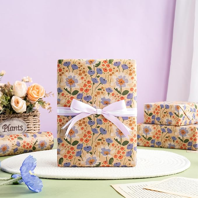WRAPAHOLIC Kraft Floral Wrapping Paper Roll - Mini Roll - 17 Inch x 9.8 Feet - Watercolor Flower Wrapping Paper, Perfect for Wedding, Birthday, Bridal Shower, Tea Party
