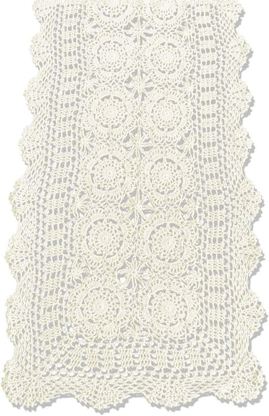 KEPSWET Cotton Handmade Crochet Lace Table Runner Beige Rectangle Coffee Table Dresser Decor (14x48 inch)